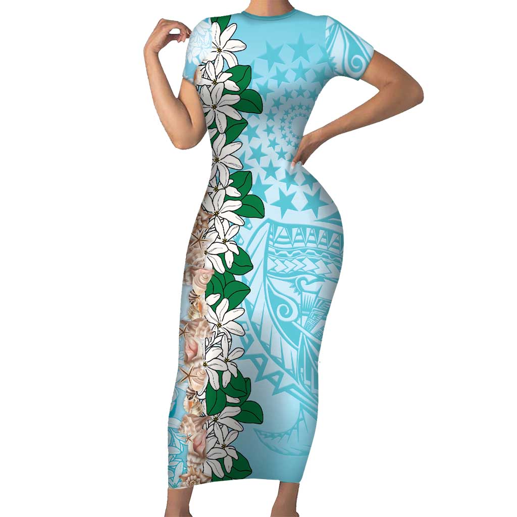Cook Islands Tiare Maori With Conch Shell Family Matching Short Sleeve Bodycon Dress and Hawaiian Shirt Pasifika Fest Polynesian Tattoo Turquoise LT14 Mom's Dress Turquoise - Polynesian Pride