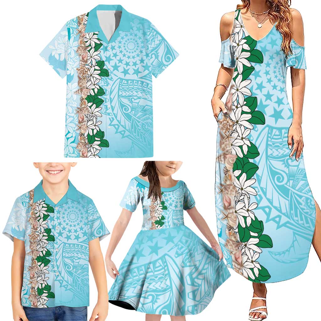 Cook Islands Tiare Maori With Conch Shell Family Matching Summer Maxi Dress and Hawaiian Shirt Pasifika Fest Polynesian Tattoo Turquoise LT14 - Polynesian Pride