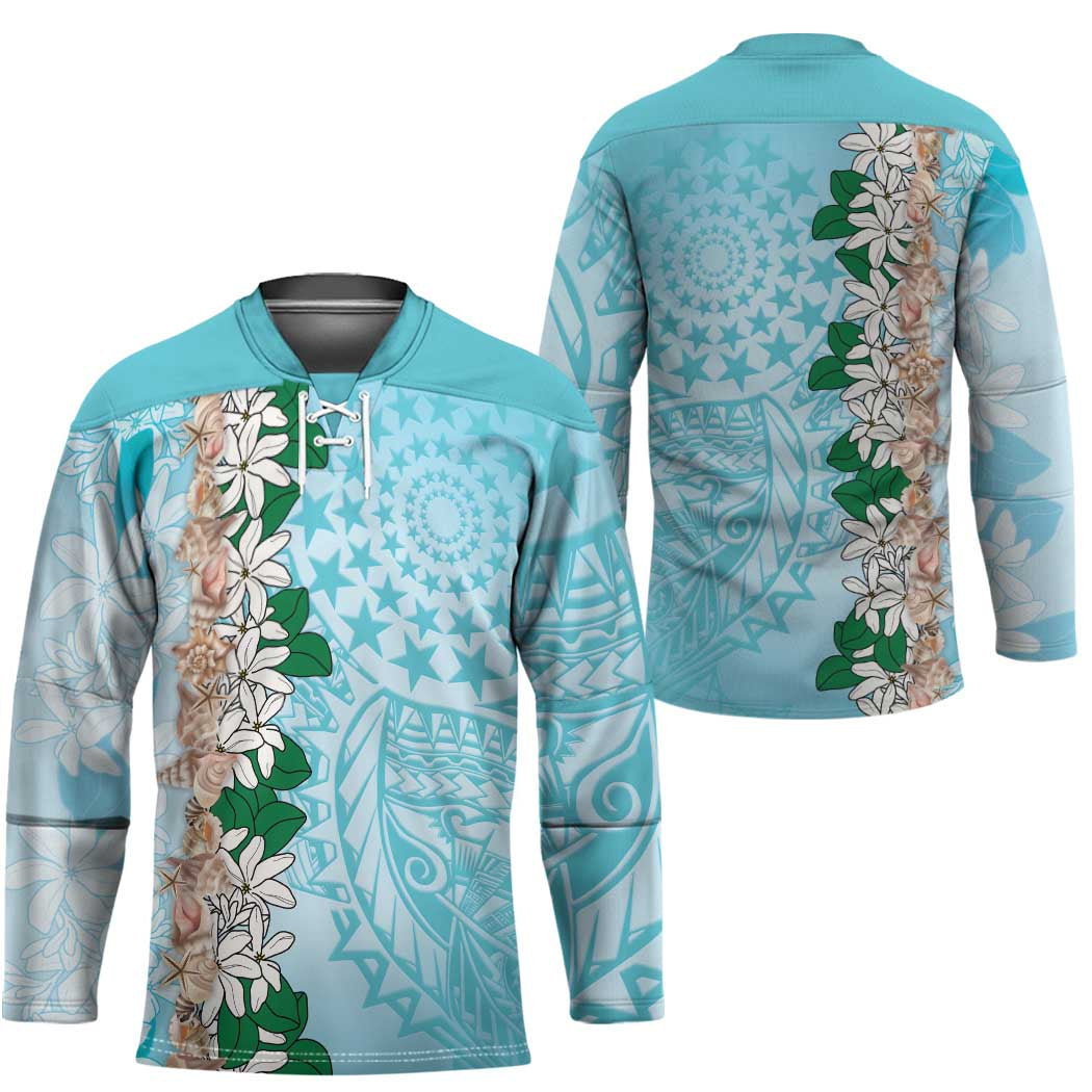 Cook Islands Tiare Maori With Conch Shell Hockey Jersey Pasifika Fest Polynesian Tattoo Turquoise