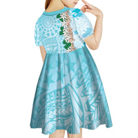 Cook Islands Tiare Maori With Conch Shell Kid Short Sleeve Dress Pasifika Fest Polynesian Tattoo Turquoise LT14 - Polynesian Pride