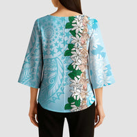 Cook Islands Tiare Maori With Conch Shell Kimono Sleeve Blouse Pasifika Fest Polynesian Tattoo Turquoise