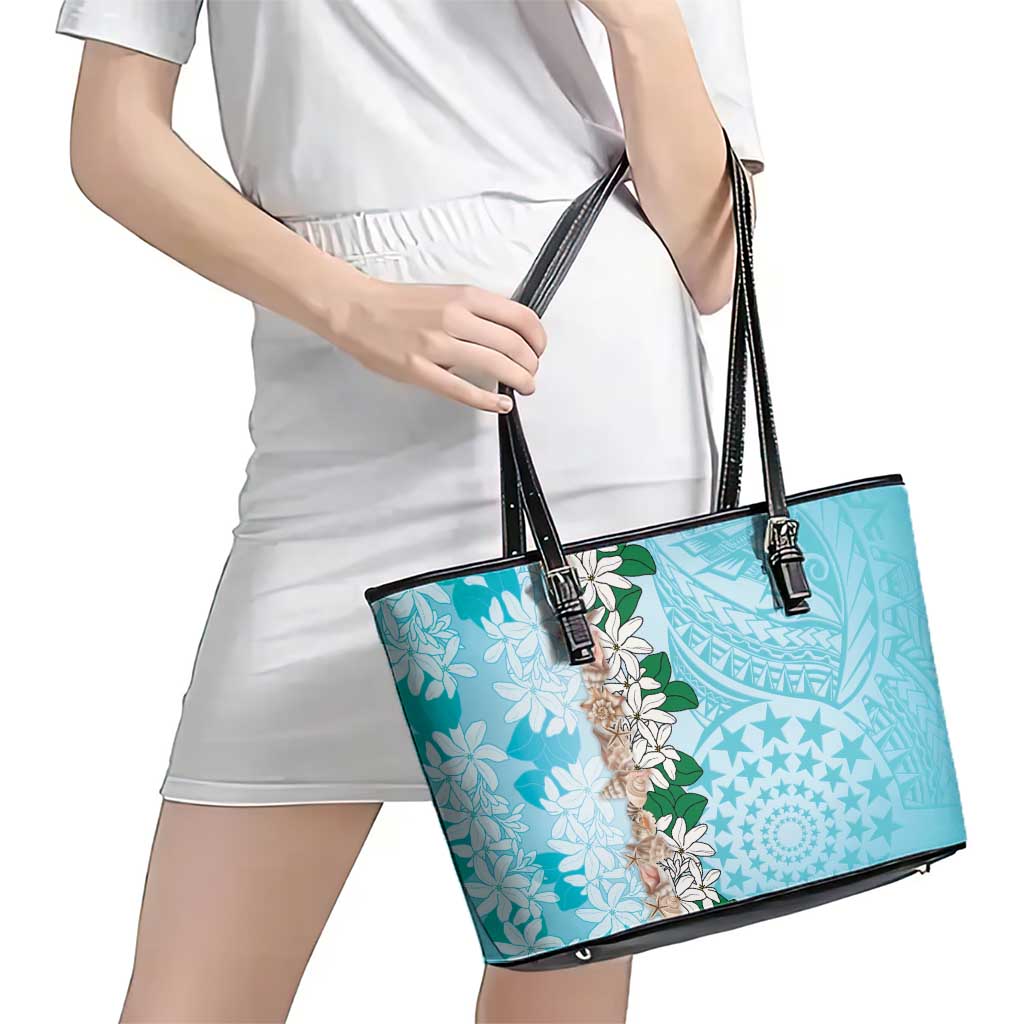 Cook Islands Tiare Maori With Conch Shell Leather Tote Bag Pasifika Fest Polynesian Tattoo Turquoise