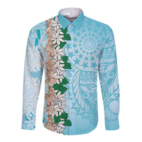 Cook Islands Tiare Maori With Conch Shell Long Sleeve Button Shirt Pasifika Fest Polynesian Tattoo Turquoise LT14 Unisex Turquoise - Polynesian Pride