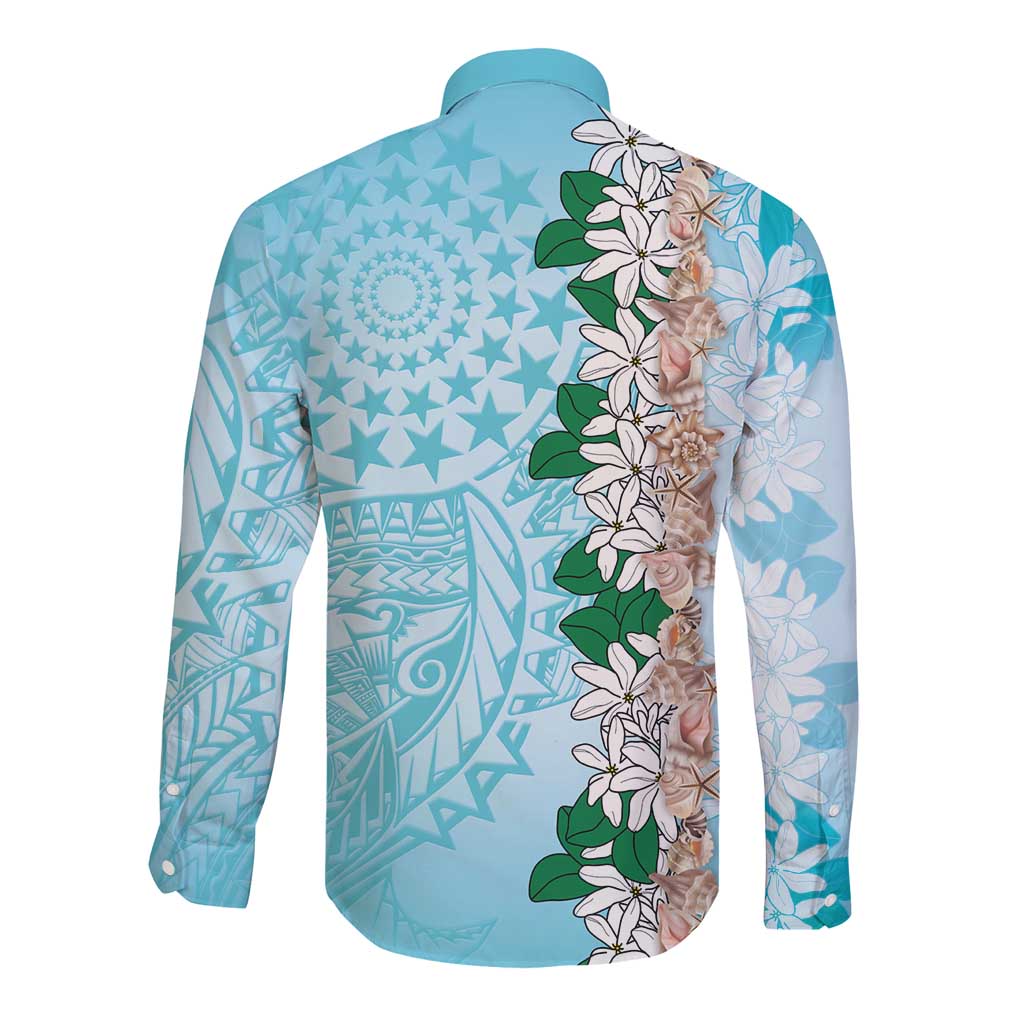 Cook Islands Tiare Maori With Conch Shell Long Sleeve Button Shirt Pasifika Fest Polynesian Tattoo Turquoise LT14 - Polynesian Pride