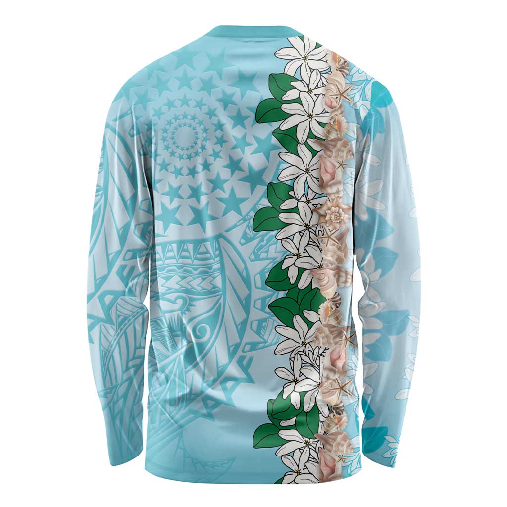 Cook Islands Tiare Maori With Conch Shell Long Sleeve Shirt Pasifika Fest Polynesian Tattoo Turquoise