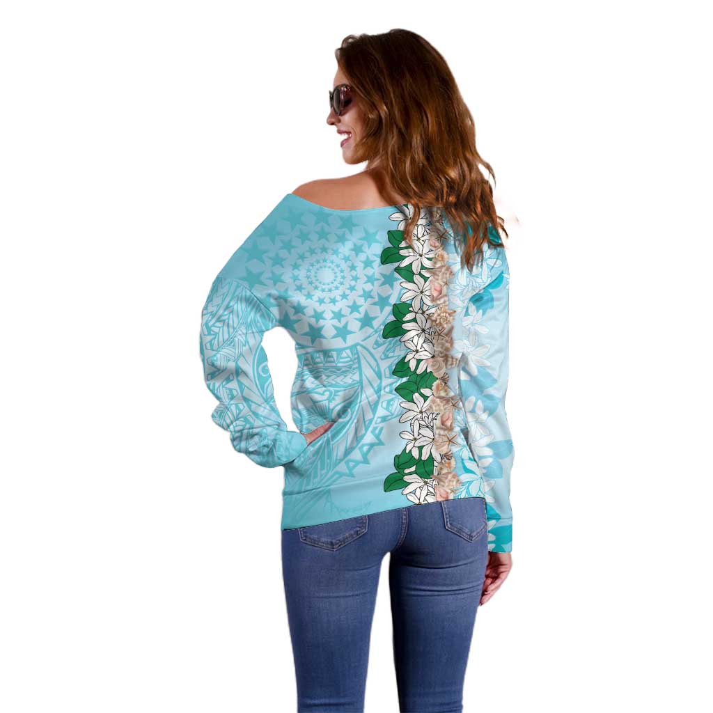 Cook Islands Tiare Maori With Conch Shell Off Shoulder Sweater Pasifika Fest Polynesian Tattoo Turquoise