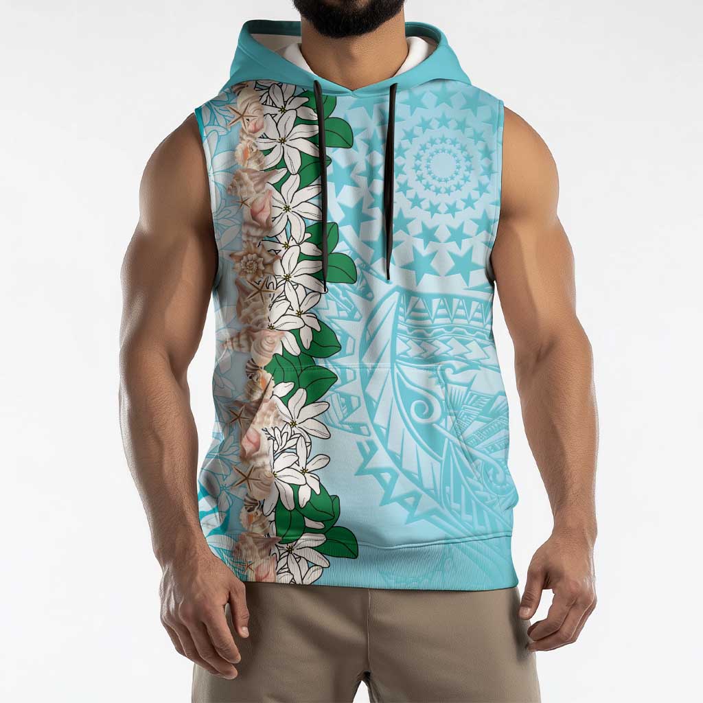 Cook Islands Tiare Maori With Conch Shell Sleeveless Hoodie Pasifika Fest Polynesian Tattoo Turquoise
