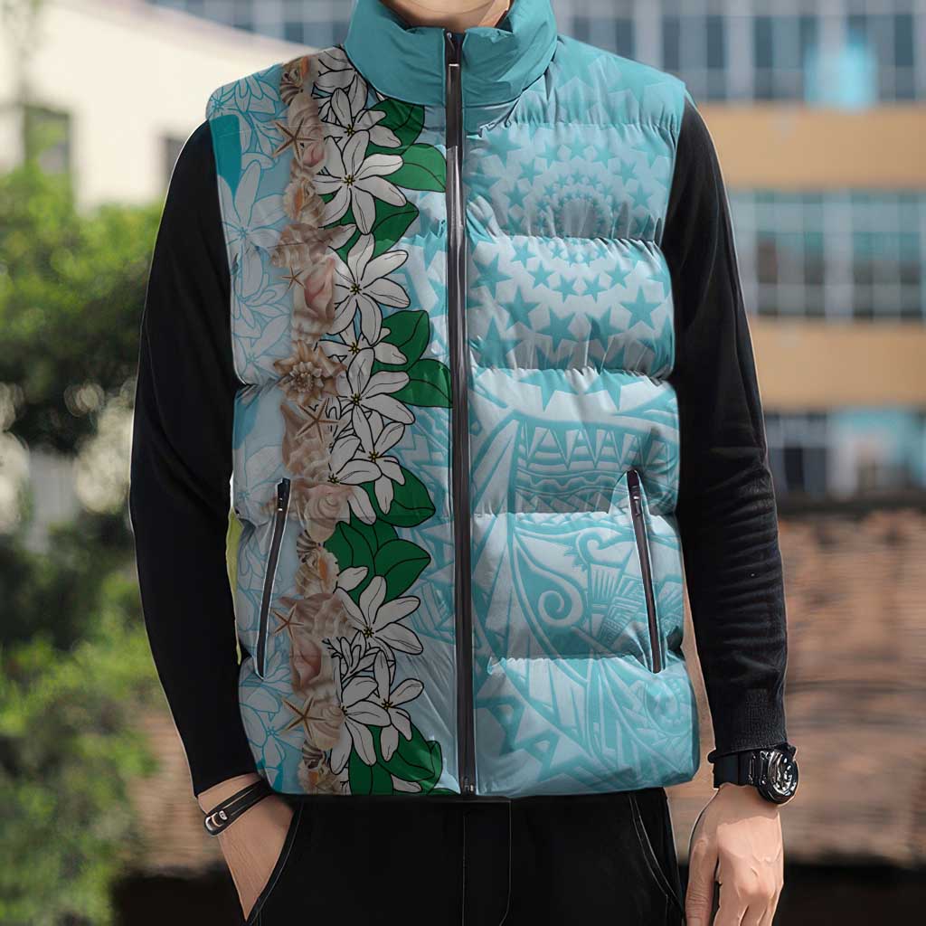 Cook Islands Tiare Maori With Conch Shell Sleeveless Puffer Jacket Pasifika Fest Polynesian Tattoo Turquoise LT14 - Polynesian Pride