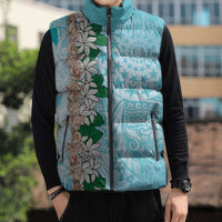 Cook Islands Tiare Maori With Conch Shell Sleeveless Puffer Jacket Pasifika Fest Polynesian Tattoo Turquoise LT14 - Polynesian Pride