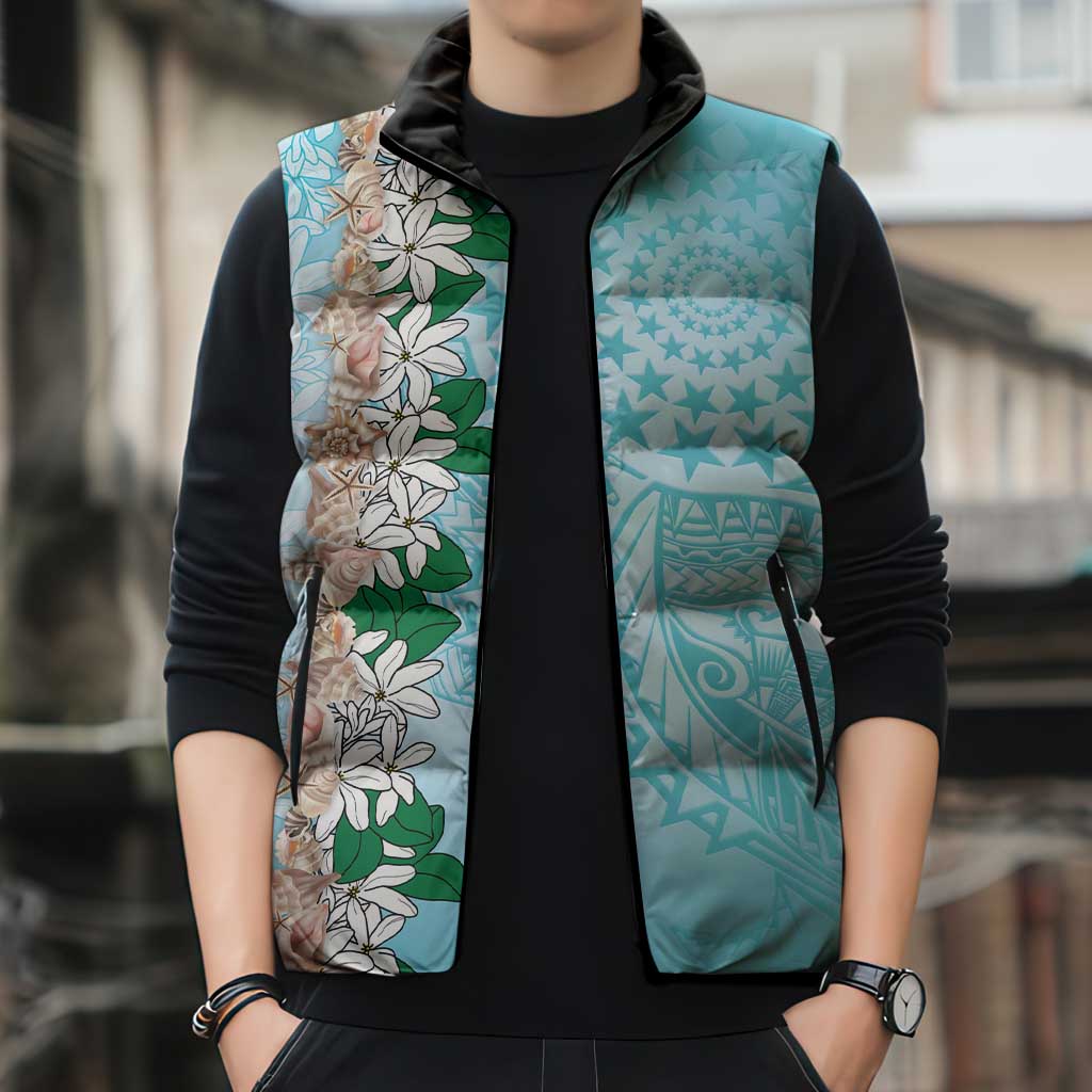 Cook Islands Tiare Maori With Conch Shell Sleeveless Puffer Jacket Pasifika Fest Polynesian Tattoo Turquoise LT14 - Polynesian Pride