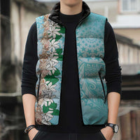 Cook Islands Tiare Maori With Conch Shell Sleeveless Puffer Jacket Pasifika Fest Polynesian Tattoo Turquoise LT14 - Polynesian Pride