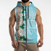 Cook Islands Tiare Maori With Conch Shell Sleeveless Zip Hoodie Pasifika Fest Polynesian Tattoo Turquoise LT14 - Polynesian Pride