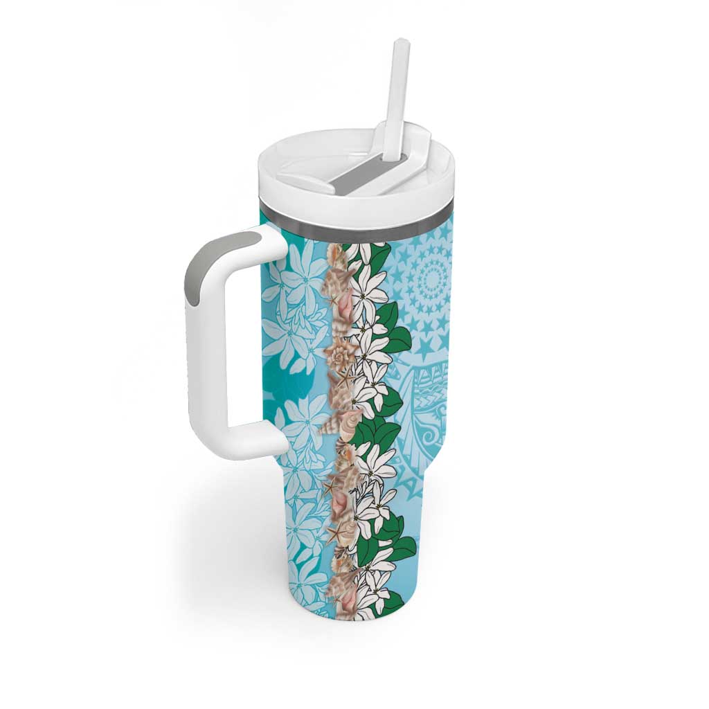 Cook Islands Tiare Maori With Conch Shell Tumbler With Handle Pasifika Fest Polynesian Tattoo Turquoise LT14 - Polynesian Pride