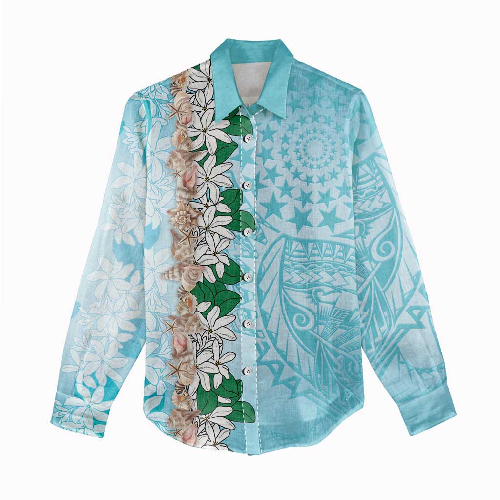Cook Islands Tiare Maori With Conch Shell Women Casual Shirt Pasifika Fest Polynesian Tattoo Turquoise LT14 - Polynesian Pride