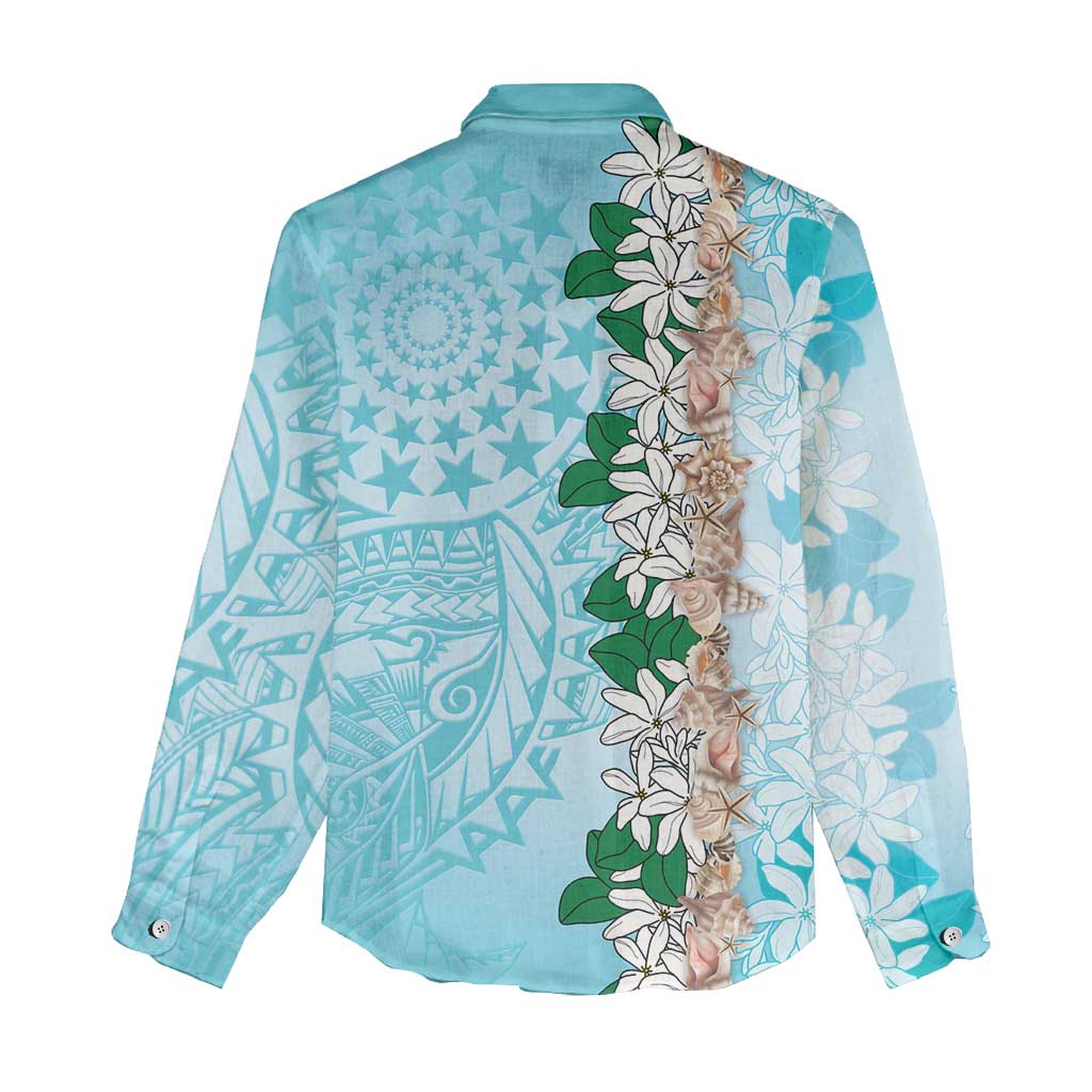 Cook Islands Tiare Maori With Conch Shell Women Casual Shirt Pasifika Fest Polynesian Tattoo Turquoise LT14 - Polynesian Pride