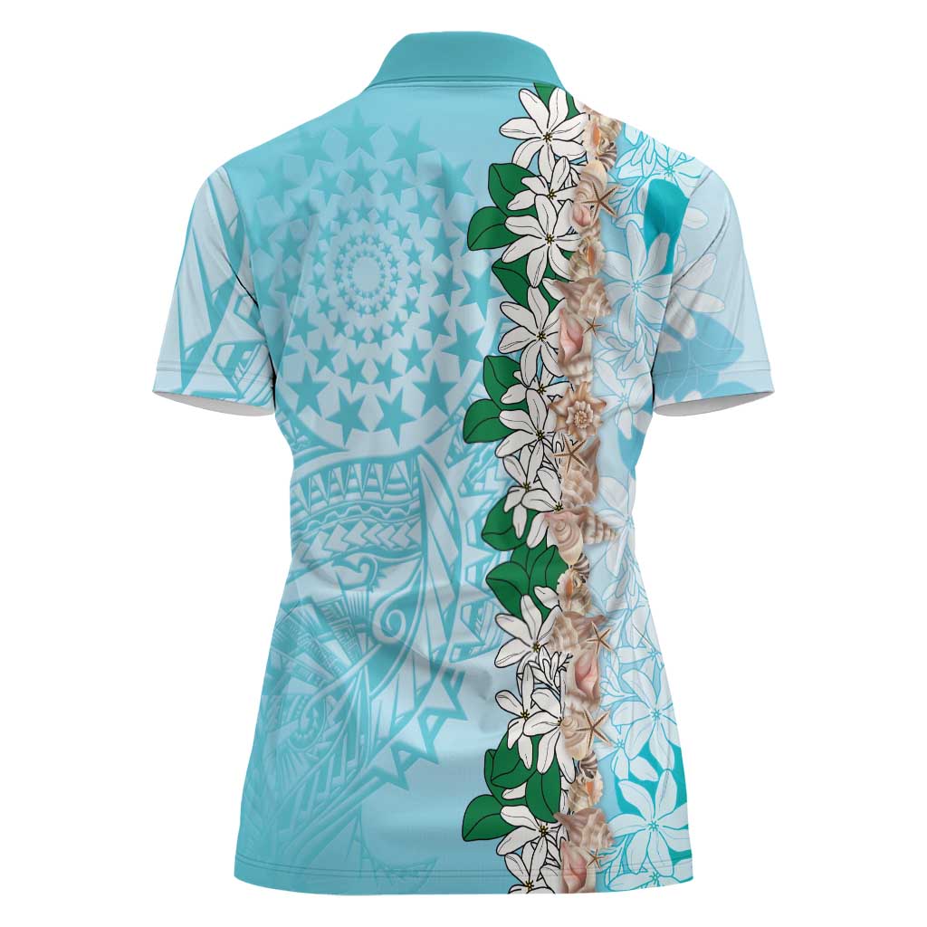 Cook Islands Tiare Maori With Conch Shell Women Polo Shirt Pasifika Fest Polynesian Tattoo Turquoise LT14 - Polynesian Pride