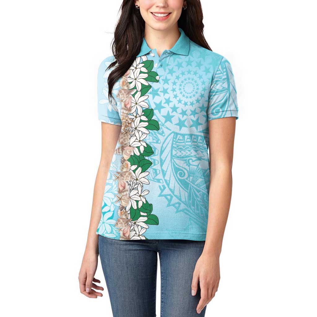 Cook Islands Tiare Maori With Conch Shell Women Polo Shirt Pasifika Fest Polynesian Tattoo Turquoise LT14 - Polynesian Pride