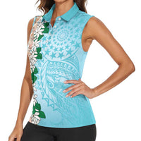 Cook Islands Tiare Maori With Conch Shell Women Sleeveless Polo Shirt Pasifika Fest Polynesian Tattoo Turquoise LT14 - Polynesian Pride