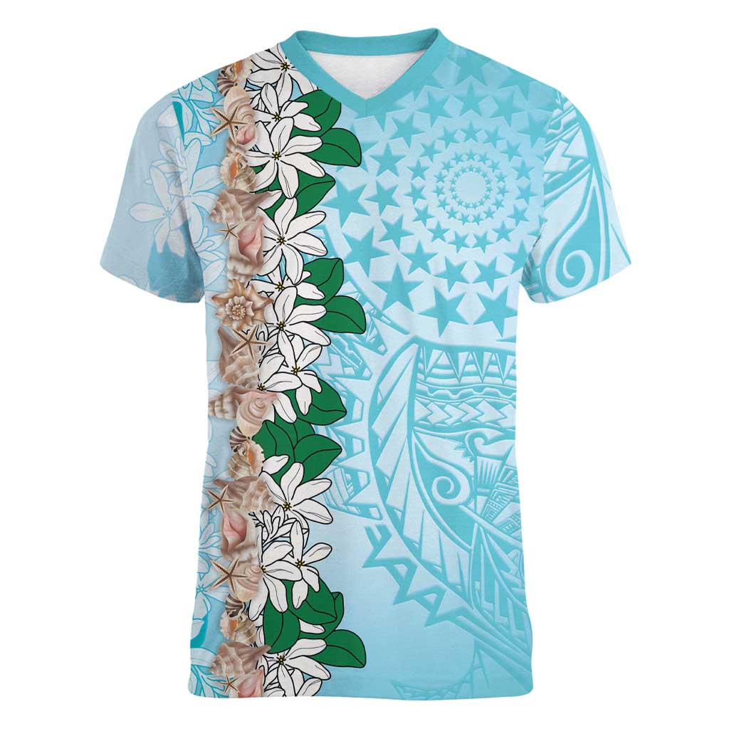 Cook Islands Tiare Maori With Conch Shell Women V-Neck T-Shirt Pasifika Fest Polynesian Tattoo Turquoise LT14 Female Turquoise - Polynesian Pride