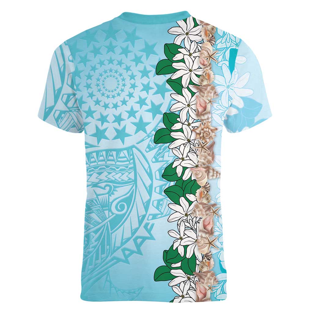 Cook Islands Tiare Maori With Conch Shell Women V-Neck T-Shirt Pasifika Fest Polynesian Tattoo Turquoise LT14 - Polynesian Pride