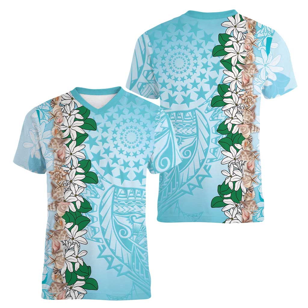 Cook Islands Tiare Maori With Conch Shell Women V-Neck T-Shirt Pasifika Fest Polynesian Tattoo Turquoise LT14 - Polynesian Pride