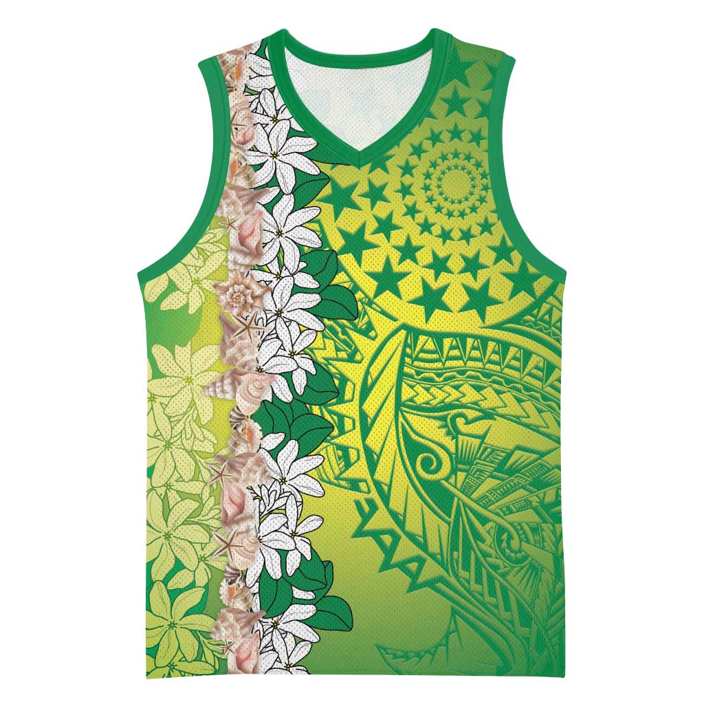 Cook Islands Tiare Maori With Conch Shell Basketball Jersey Pasifika Fest Polynesian Tattoo Green