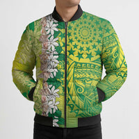 Cook Islands Tiare Maori With Conch Shell Bomber Puffer Jacket Pasifika Fest Polynesian Tattoo Green