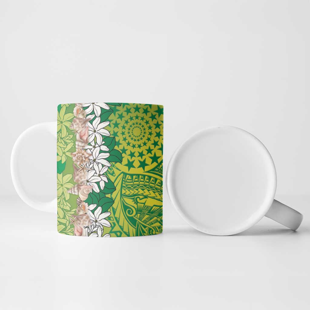 Cook Islands Tiare Maori With Conch Shell Ceramic Mug Pasifika Fest Polynesian Tattoo Green
