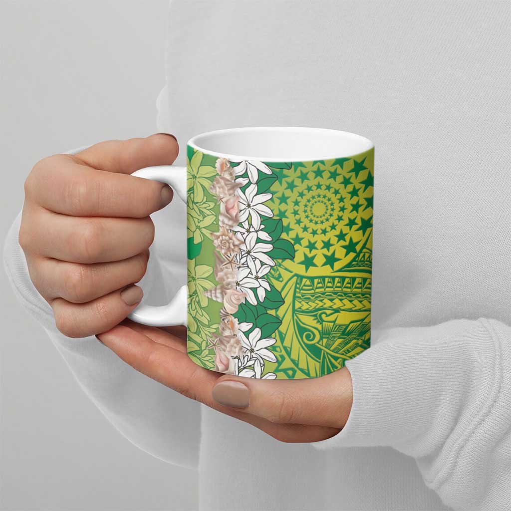 Cook Islands Tiare Maori With Conch Shell Ceramic Mug Pasifika Fest Polynesian Tattoo Green