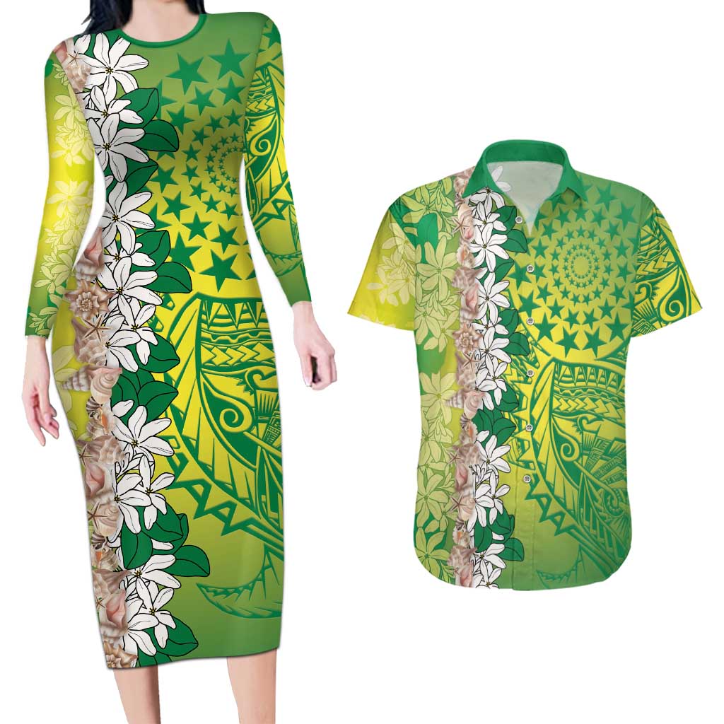 Cook Islands Tiare Maori With Conch Shell Couples Matching Long Sleeve Bodycon Dress and Hawaiian Shirt Pasifika Fest Polynesian Tattoo Green