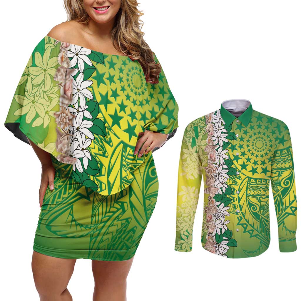 Cook Islands Tiare Maori With Conch Shell Couples Matching Off Shoulder Short Dress and Long Sleeve Button Shirt Pasifika Fest Polynesian Tattoo Green LT14 Green - Polynesian Pride