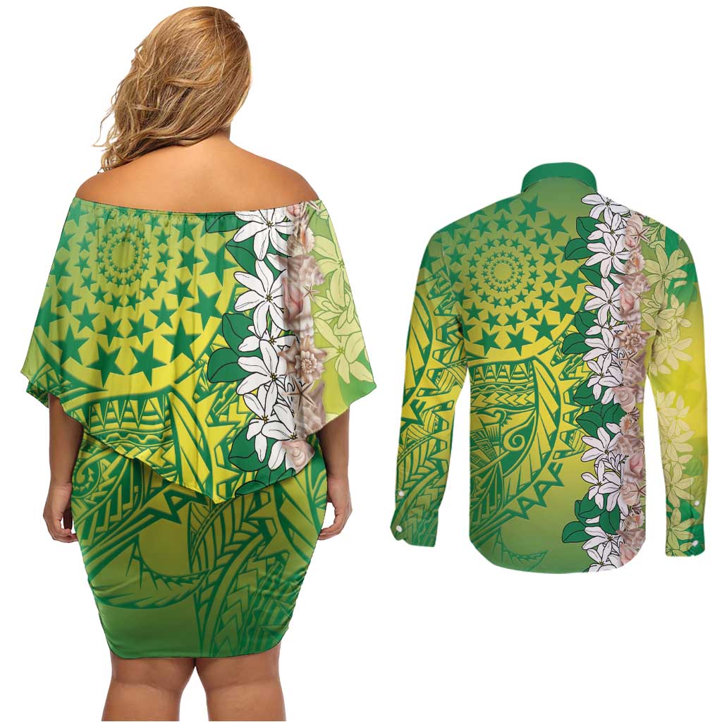 Cook Islands Tiare Maori With Conch Shell Couples Matching Off Shoulder Short Dress and Long Sleeve Button Shirt Pasifika Fest Polynesian Tattoo Green LT14 - Polynesian Pride
