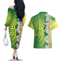 Cook Islands Tiare Maori With Conch Shell Couples Matching Off The Shoulder Long Sleeve Dress and Hawaiian Shirt Pasifika Fest Polynesian Tattoo Green
