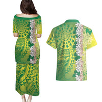 Cook Islands Tiare Maori With Conch Shell Couples Matching Puletasi and Hawaiian Shirt Pasifika Fest Polynesian Tattoo Green LT14 - Polynesian Pride