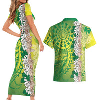 Cook Islands Tiare Maori With Conch Shell Couples Matching Short Sleeve Bodycon Dress and Hawaiian Shirt Pasifika Fest Polynesian Tattoo Green