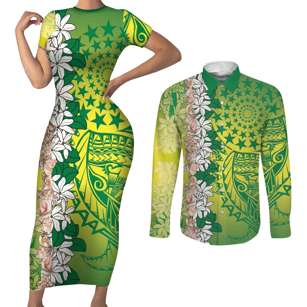 Cook Islands Tiare Maori With Conch Shell Couples Matching Short Sleeve Bodycon Dress and Long Sleeve Button Shirt Pasifika Fest Polynesian Tattoo Green LT14 Green - Polynesian Pride