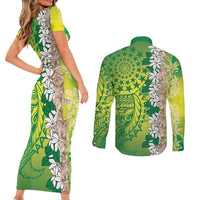 Cook Islands Tiare Maori With Conch Shell Couples Matching Short Sleeve Bodycon Dress and Long Sleeve Button Shirt Pasifika Fest Polynesian Tattoo Green LT14 - Polynesian Pride