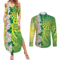Cook Islands Tiare Maori With Conch Shell Couples Matching Summer Maxi Dress and Long Sleeve Button Shirt Pasifika Fest Polynesian Tattoo Green LT14 Green - Polynesian Pride