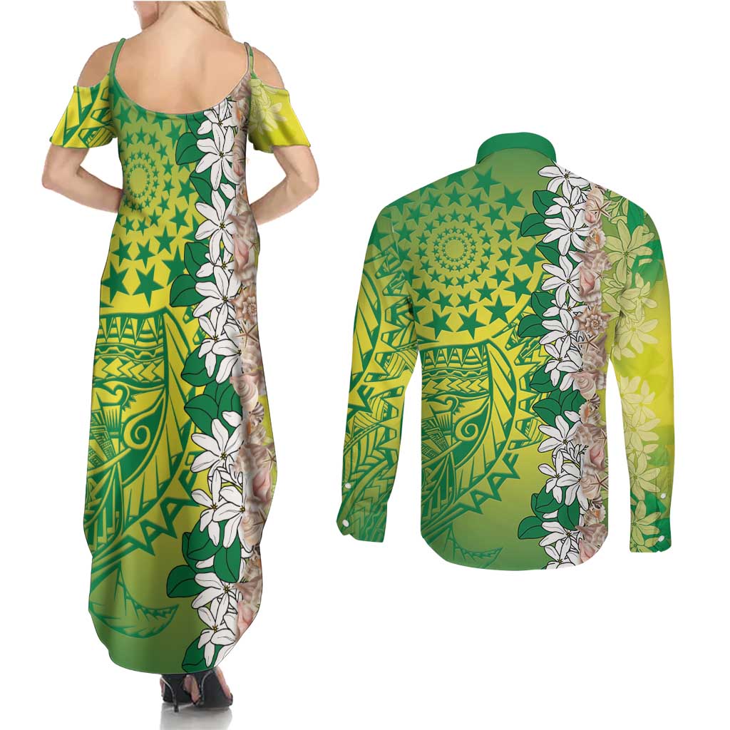 Cook Islands Tiare Maori With Conch Shell Couples Matching Summer Maxi Dress and Long Sleeve Button Shirt Pasifika Fest Polynesian Tattoo Green LT14 - Polynesian Pride