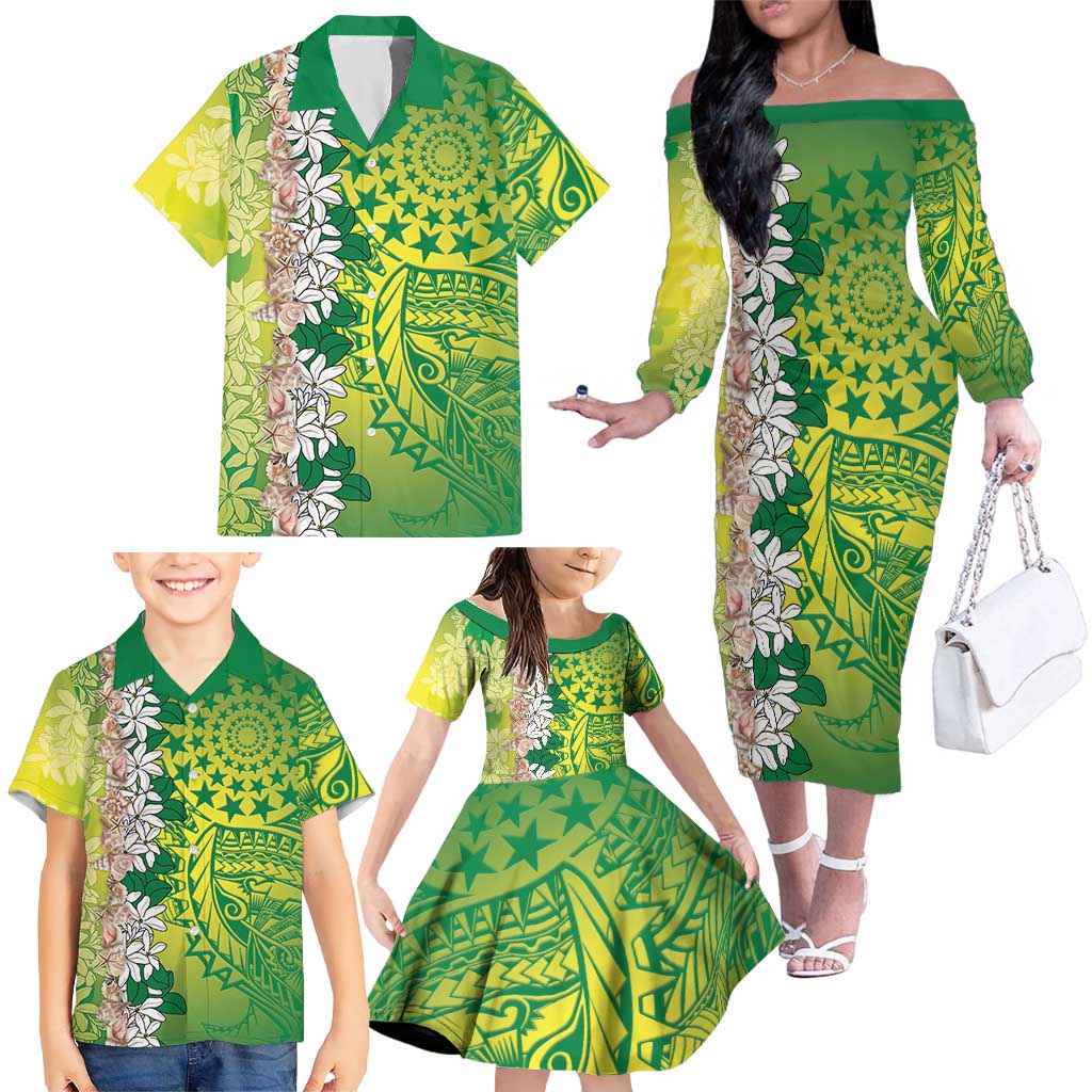 Cook Islands Tiare Maori With Conch Shell Family Matching Off The Shoulder Long Sleeve Dress and Hawaiian Shirt Pasifika Fest Polynesian Tattoo Green LT14 - Polynesian Pride