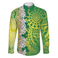 Cook Islands Tiare Maori With Conch Shell Family Matching Off Shoulder Maxi Dress and Hawaiian Shirt Pasifika Fest Polynesian Tattoo Green LT14 Dad's Shirt - Long Sleeve Green - Polynesian Pride