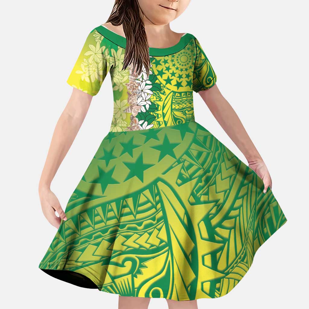 Cook Islands Tiare Maori With Conch Shell Family Matching Off Shoulder Short Dress and Hawaiian Shirt Pasifika Fest Polynesian Tattoo Green LT14 Daughter's Dress Green - Polynesian Pride