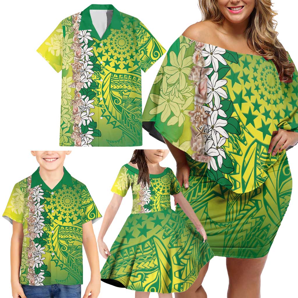 Cook Islands Tiare Maori With Conch Shell Family Matching Off Shoulder Short Dress and Hawaiian Shirt Pasifika Fest Polynesian Tattoo Green LT14 - Polynesian Pride