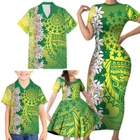 Cook Islands Tiare Maori With Conch Shell Family Matching Short Sleeve Bodycon Dress and Hawaiian Shirt Pasifika Fest Polynesian Tattoo Green LT14 - Polynesian Pride