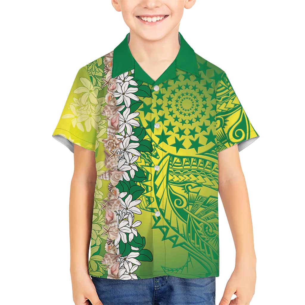 Cook Islands Tiare Maori With Conch Shell Family Matching Short Sleeve Bodycon Dress and Hawaiian Shirt Pasifika Fest Polynesian Tattoo Green LT14 Son's Shirt Green - Polynesian Pride