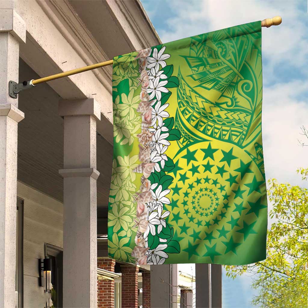Cook Islands Tiare Maori With Conch Shell Garden Flag Pasifika Fest Polynesian Tattoo Green LT14 House Flag Green - Polynesian Pride