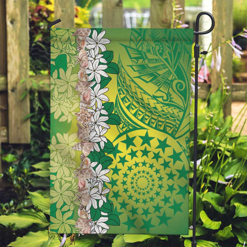 Cook Islands Tiare Maori With Conch Shell Garden Flag Pasifika Fest Polynesian Tattoo Green LT14 Garden Flag Green - Polynesian Pride