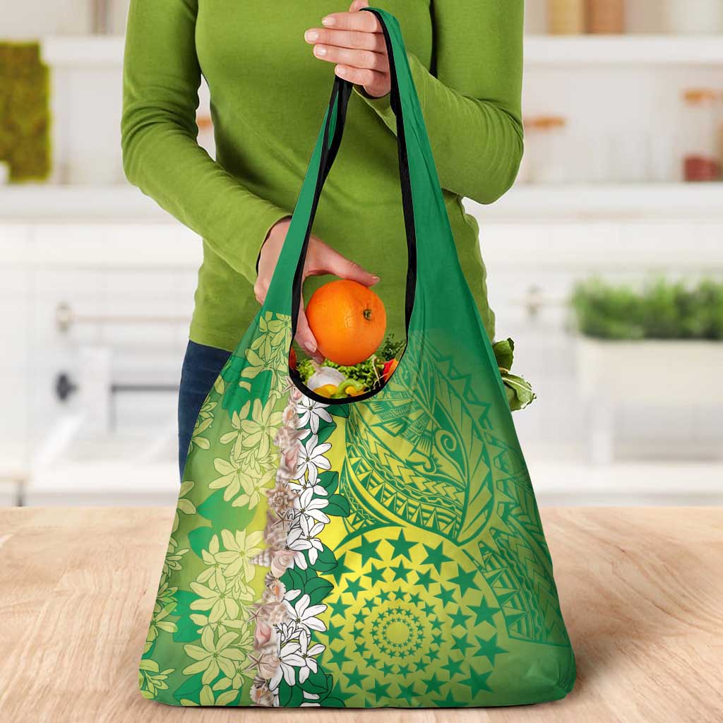 Cook Islands Tiare Maori With Conch Shell Grocery Bag Pasifika Fest Polynesian Tattoo Green