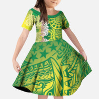 Cook Islands Tiare Maori With Conch Shell Kid Short Sleeve Dress Pasifika Fest Polynesian Tattoo Green LT14 KID Green - Polynesian Pride