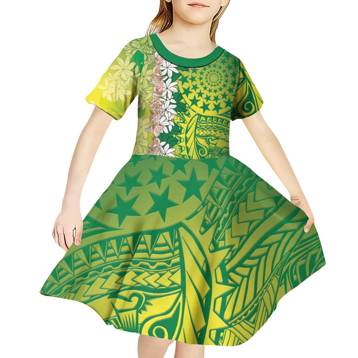 Cook Islands Tiare Maori With Conch Shell Kid Short Sleeve Dress Pasifika Fest Polynesian Tattoo Green LT14 - Polynesian Pride